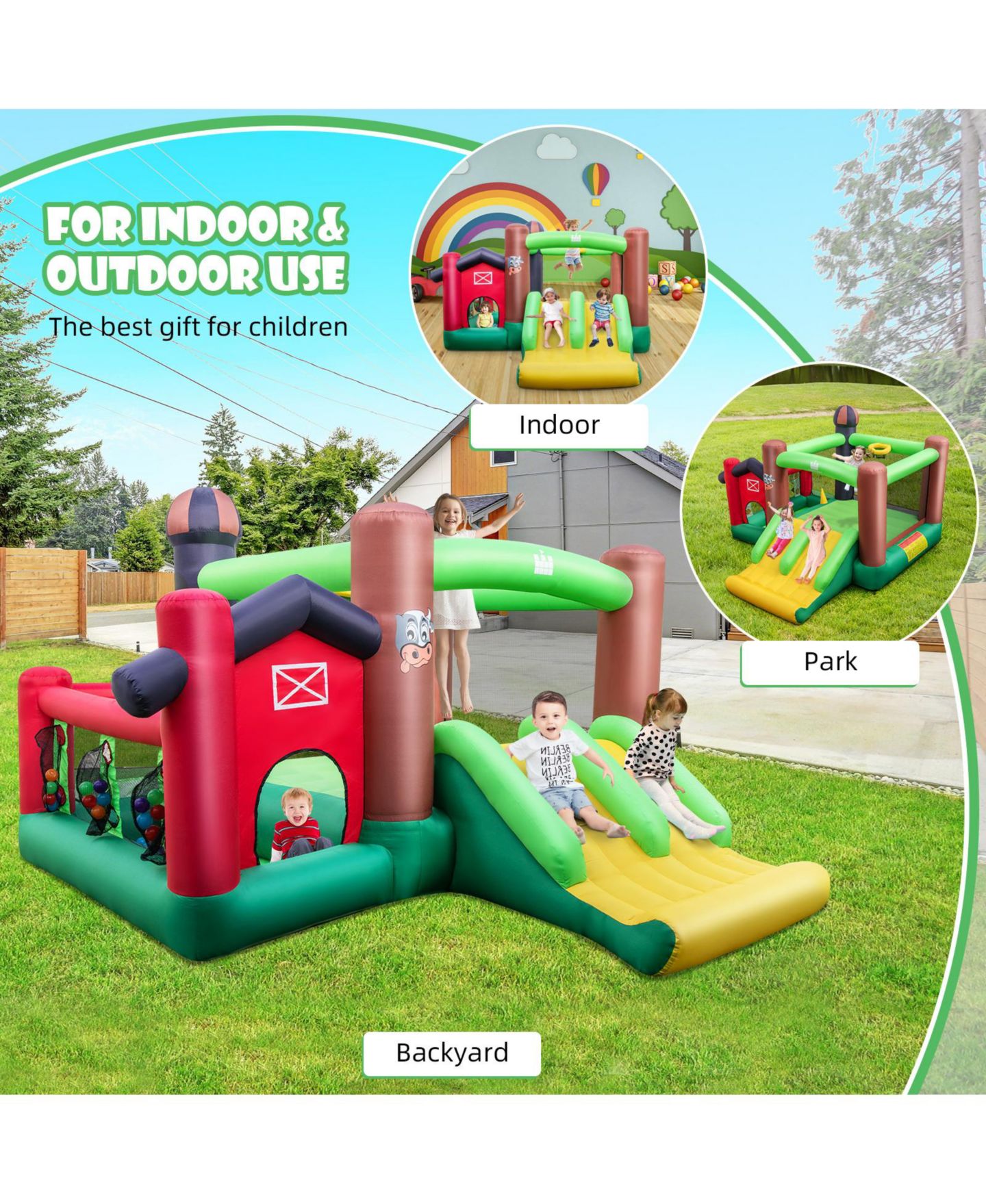 Детские игрушки GOUUN 6-in-1 Inflatable Bounce House with Double Slides, 140" x 130" x 87", Ages 3-10, цвет: Зелёный — фото 5