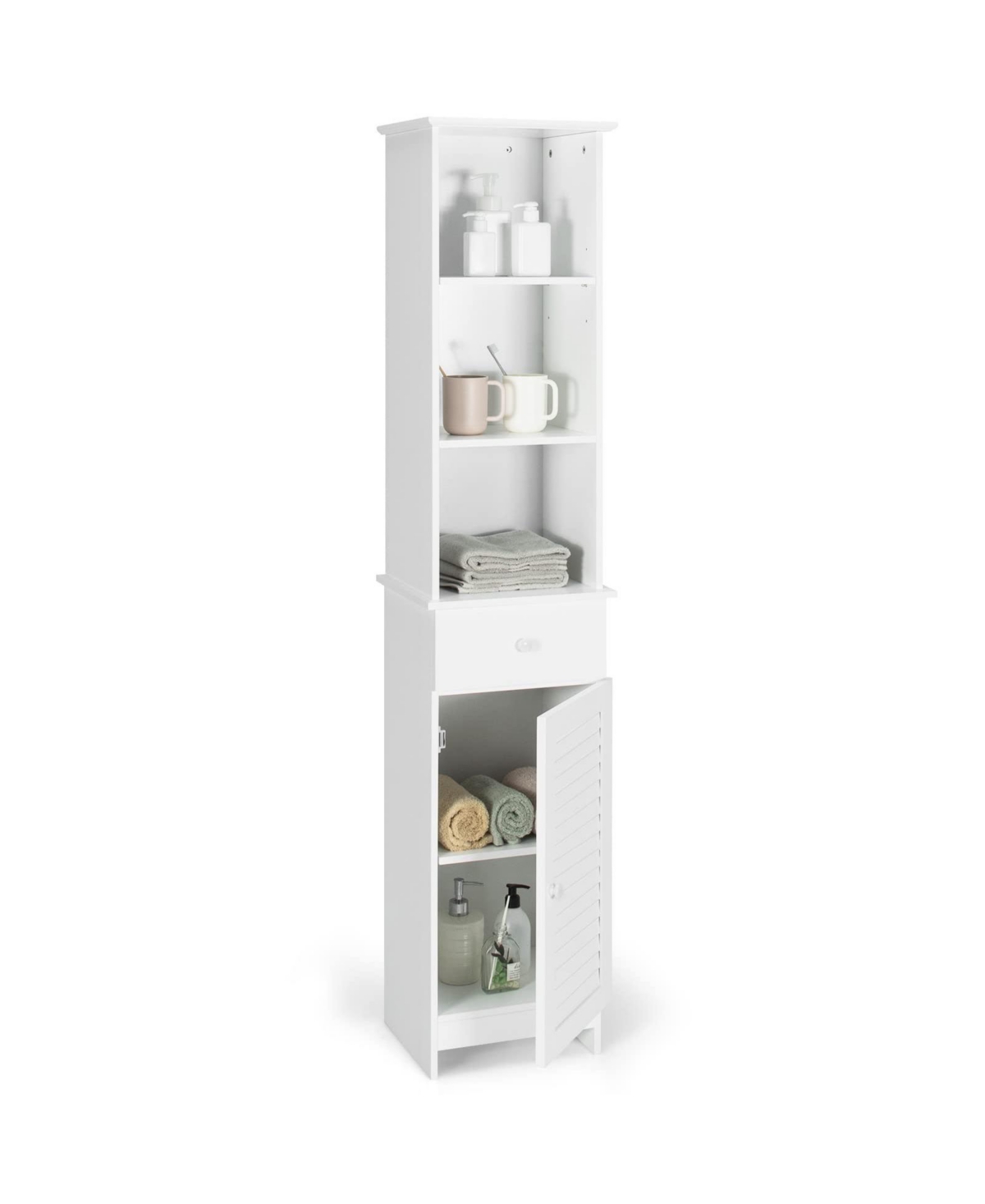 Bathroom Tall Freestanding Storage Cabinet with Open Shelves and Drawer - White