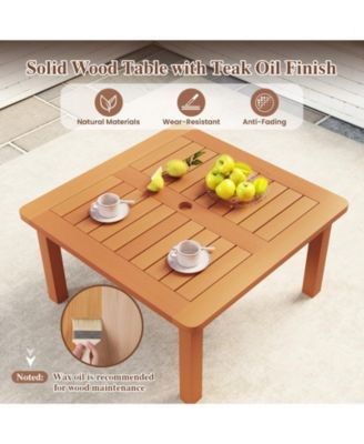 Patio Coffee Table with Umbrella Hole and Teak Oil Finish
