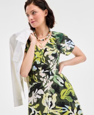 On 34th Womens Leaf Print Midi Dress Catryn Slide Flat Sandals Layered Pendant Necklace Exclusively At Macys