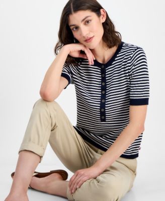Women's Striped Henley Sweater