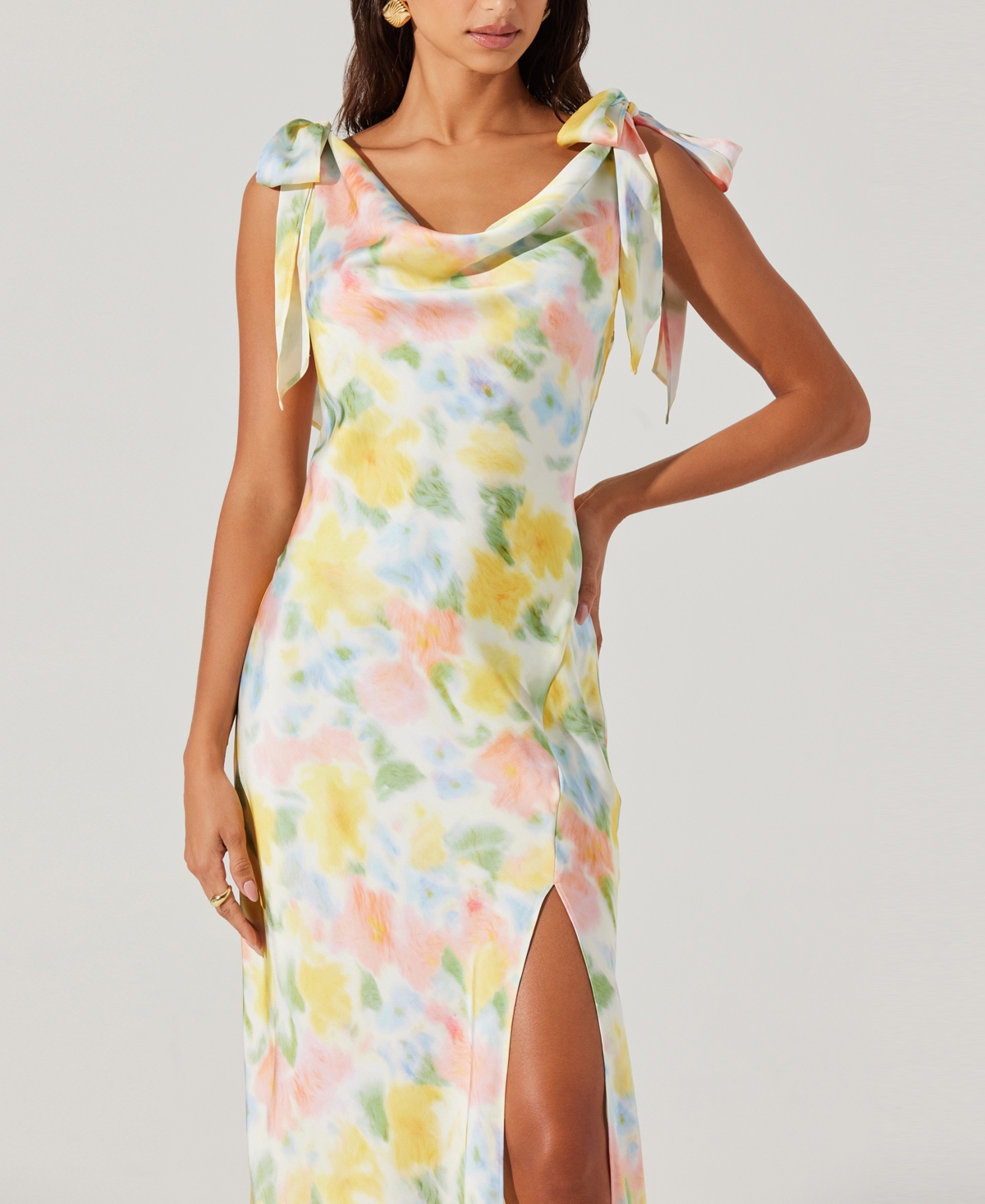 Astr Allexina Front Thigh Slit Maxi Dress In Yellow Water In Yellow