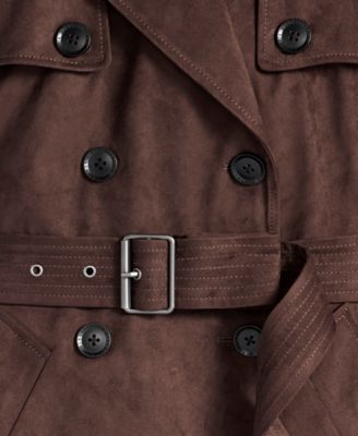 Petite Double-Breasted Faux-Suede Belted Trench Coat