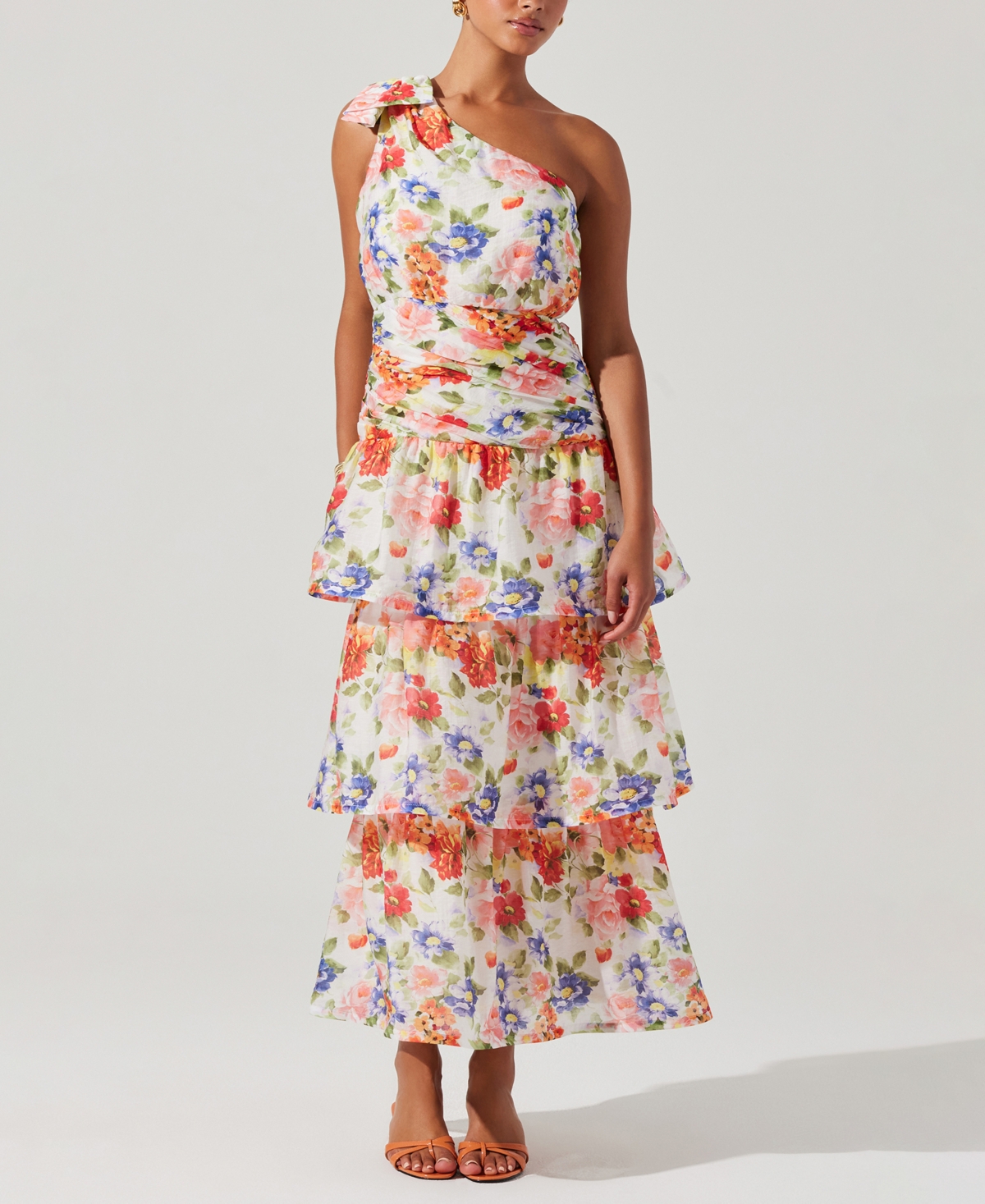 Astr The Label Natali Floral Print One-shoulder Tiered Dress In Multi