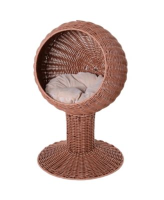 Elevated Cat Bed with Rotatable Egg Chair Pod, Cat Basket Bed with Thick Cushion, Natural Mat Grass Woven Kitty House, Brown