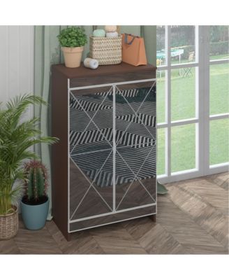 Elegant Decor Mirrored Cabinet with Silver Edging, Mirrored Cabinet with Double Door Storage, Shoe Storage Cabinet for Entryway, Glass+Brown Finish