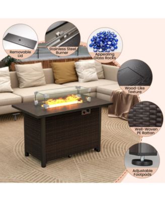 50000 BTU 2 Inch ropane Gas Fire Pit Table with Wind Guard and Glass Rocks-Brown