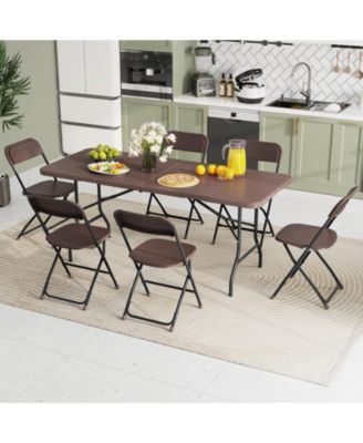 6 Feet Folding Table with Wood Grain HDPE Tabletop and Safe Lock Mechanism-Brown