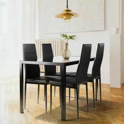  5-Piece Dining Set Glass Table, 4 Leather Chairs