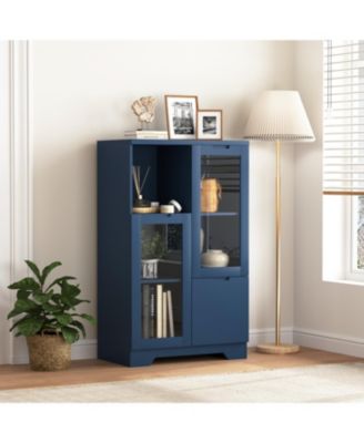 Blue Wooden Floor Cabinet with Glass Doors