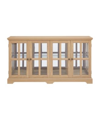 LED Curio Cabinet, Oak Display Case with Glass Doors and Adjustable Shelves