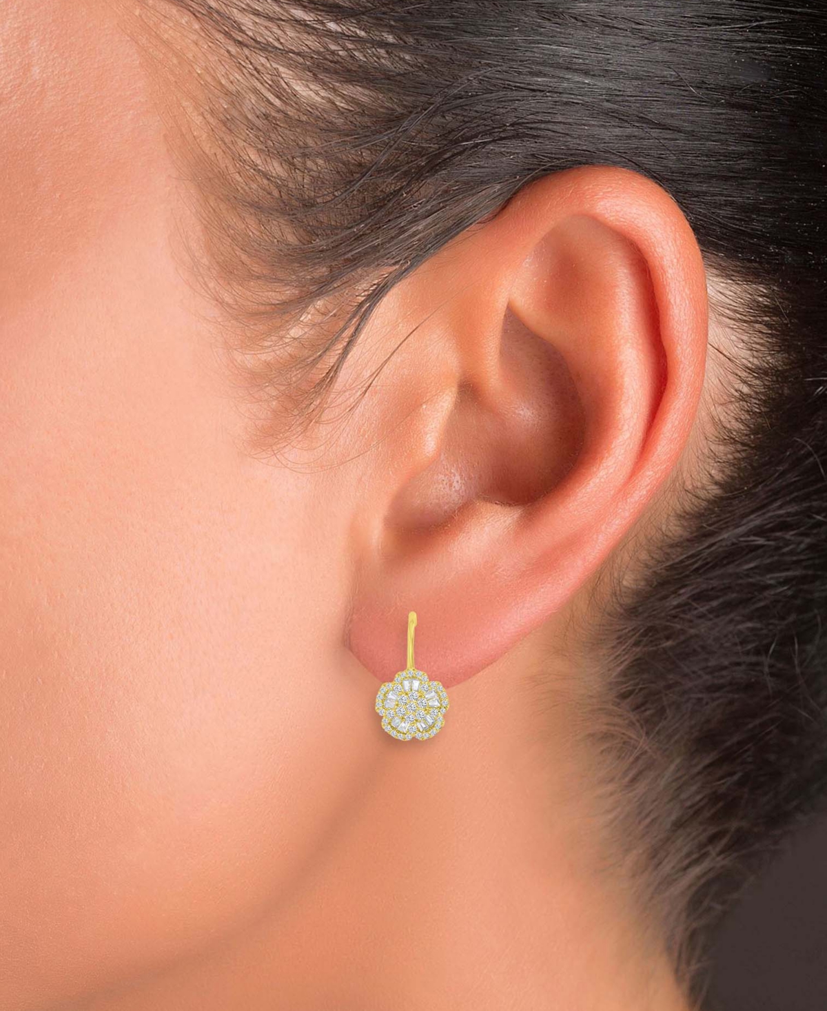 Macy's Cubic Zirconia Round & Baguette Flower Motif Leverback Drop Earrings