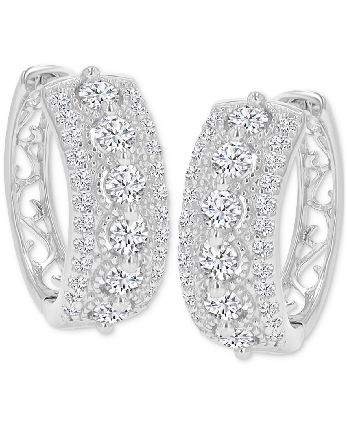 Cubic Zirconia Small Hoop Earrings in Sterling Silver, 0.66" - Silver