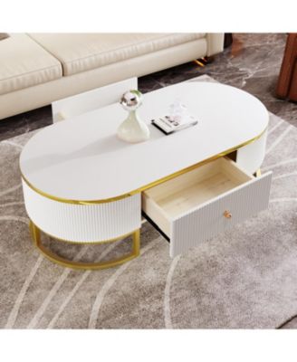 Streamdale Modern Oval Coffee Table with Drawers,Curved Profile Design, Gold Metal Decor, Center Table for Living Room in 47.2"