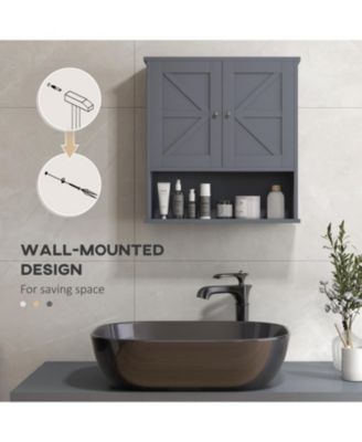 Farmhouse Bathroom Wall Cabinet, Wall Mounted Medicine Cabinet with Open Shelf & Adjustable Shelf, Storage for Laundry Room, Gray
