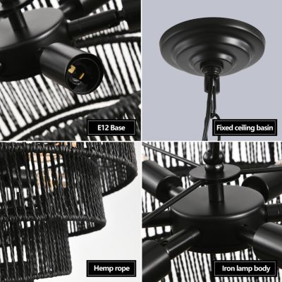 4-Tier Black Hemp Rope Chandelier with 6 Sockets, UL Listed Hardwired Pendant Light