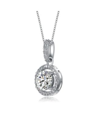 White Gold Plated with Cubic Zirconia Solitaire Halo Drop Pendant Necklace