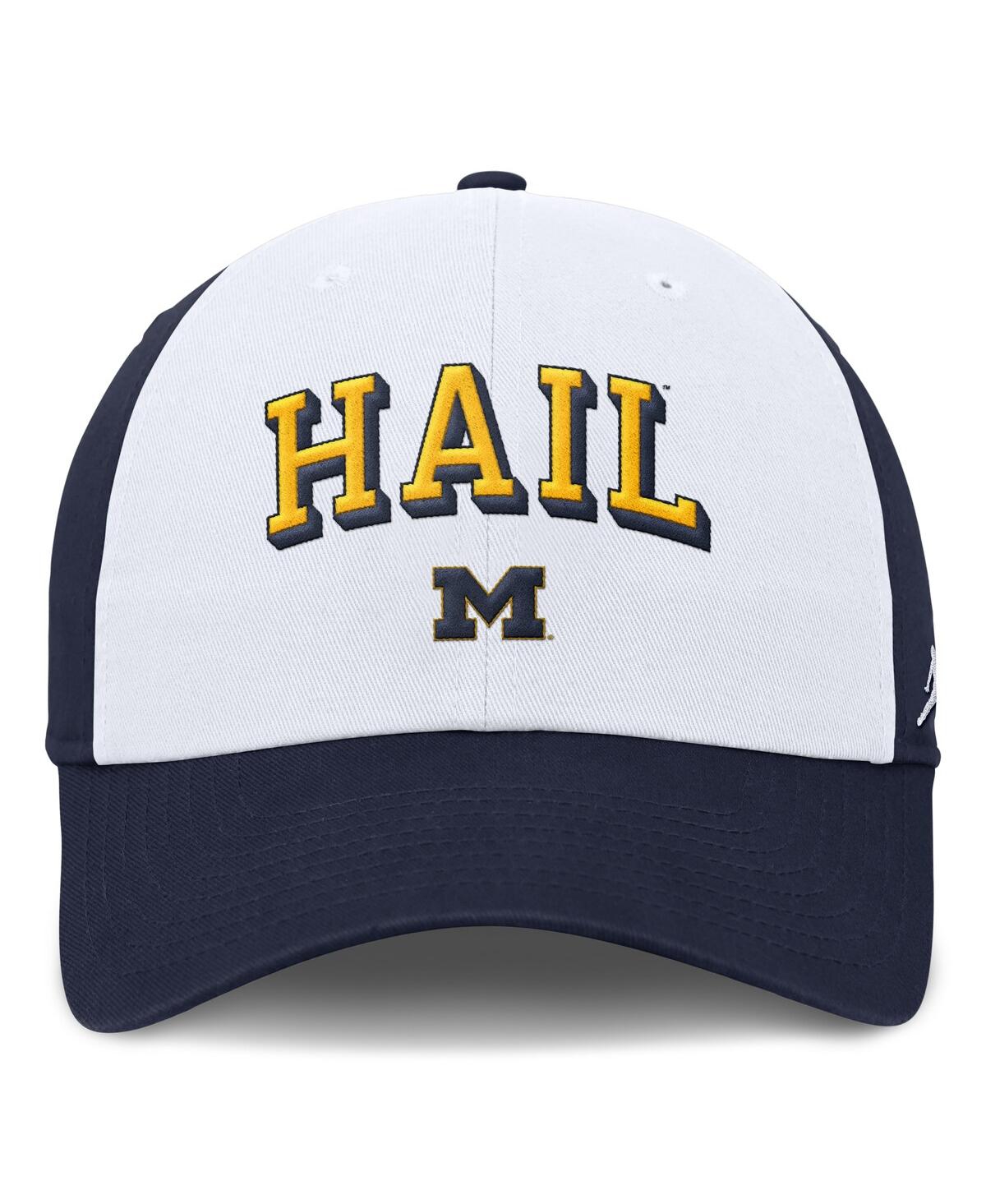 JORDAN MEN'S WHITE/NAVY MICHIGAN WOLVERINES CLUB SWOOSH PERFORMANCE ADJUSTABLE HAT 