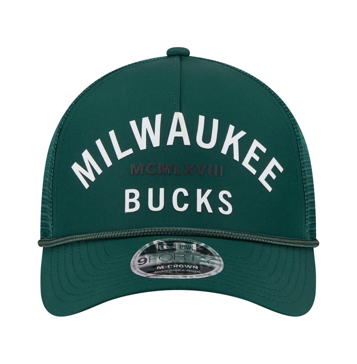 Мужская кепка New Era Hunter Green Milwaukee Bucks Minimalist A-Frame 9FORTY Trucker Hat — фото 2