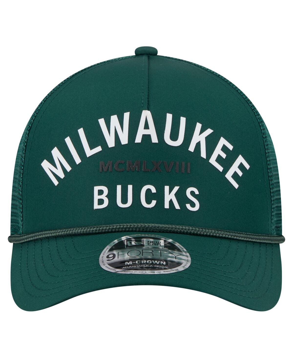 NEW ERA MEN'S HUNTER GREEN MILWAUKEE BUCKS MINIMALIST A-FRAME 9FORTY TRUCKER HAT 