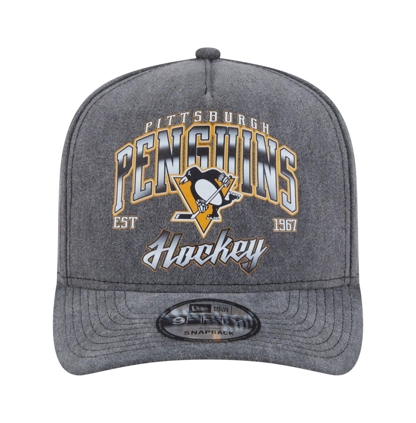 Мужская кепка New Era Charcoal Pittsburgh Penguins Throwback Washed A-Frame Pre-Curved 9FIFTY Snapback Hat — фото 2