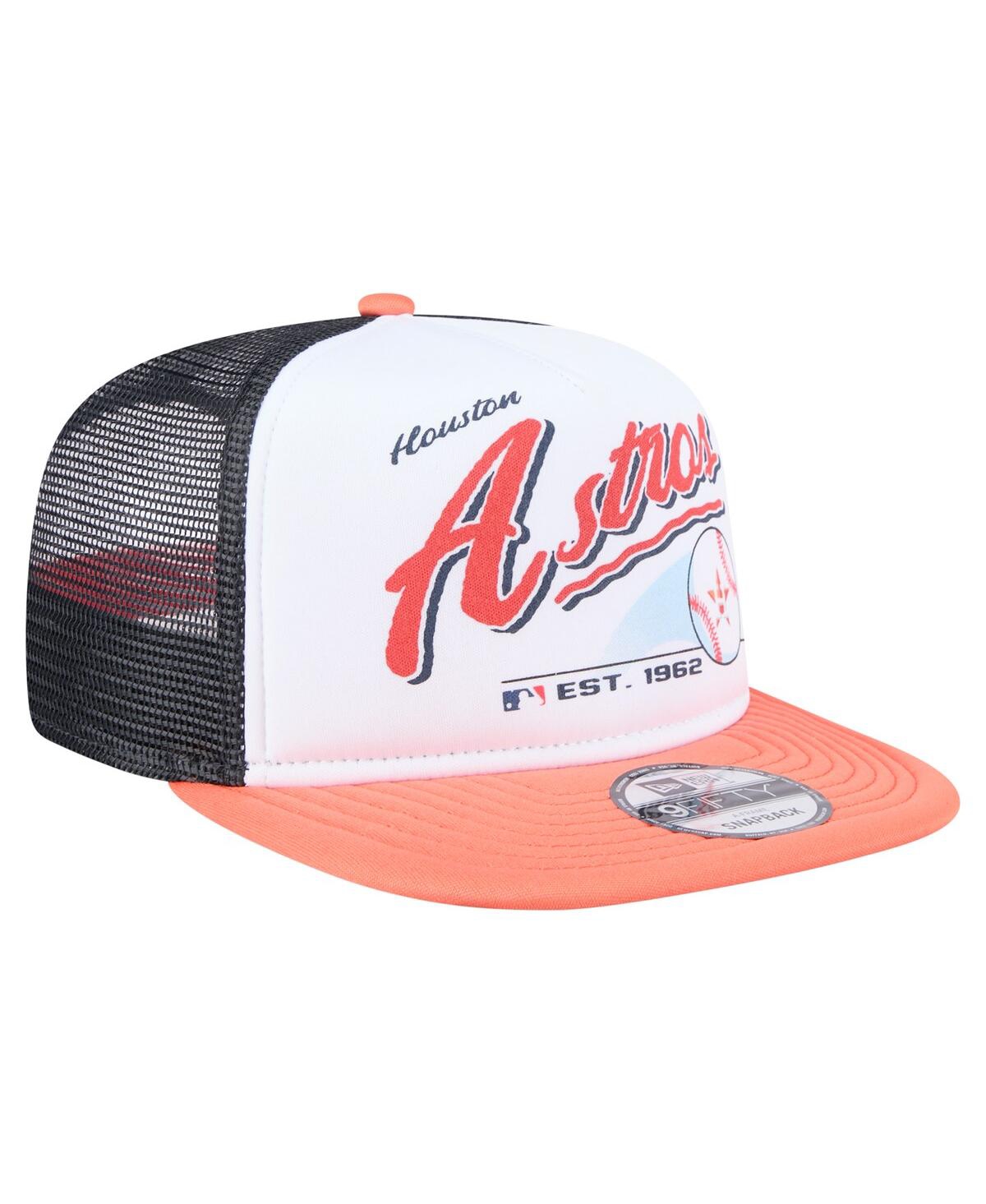 New Era Men's White/orange Houston Astros Retro Script Trucker 9fifty Snapback Hat