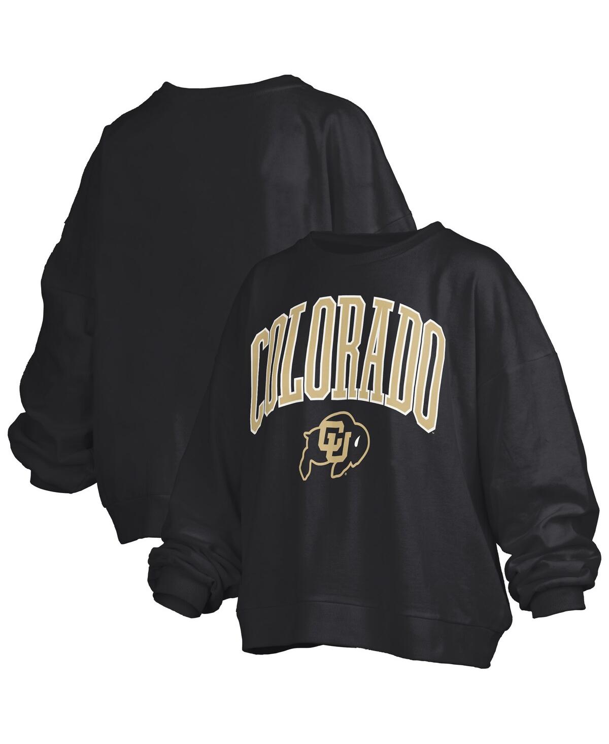 PRESSBOX WOMEN'S BLACK COLORADO BUFFALOES JANISE ARCH OVER LOGO WAIST LENGTH OVERSIZED PULLOVER SWEATSHIRT 