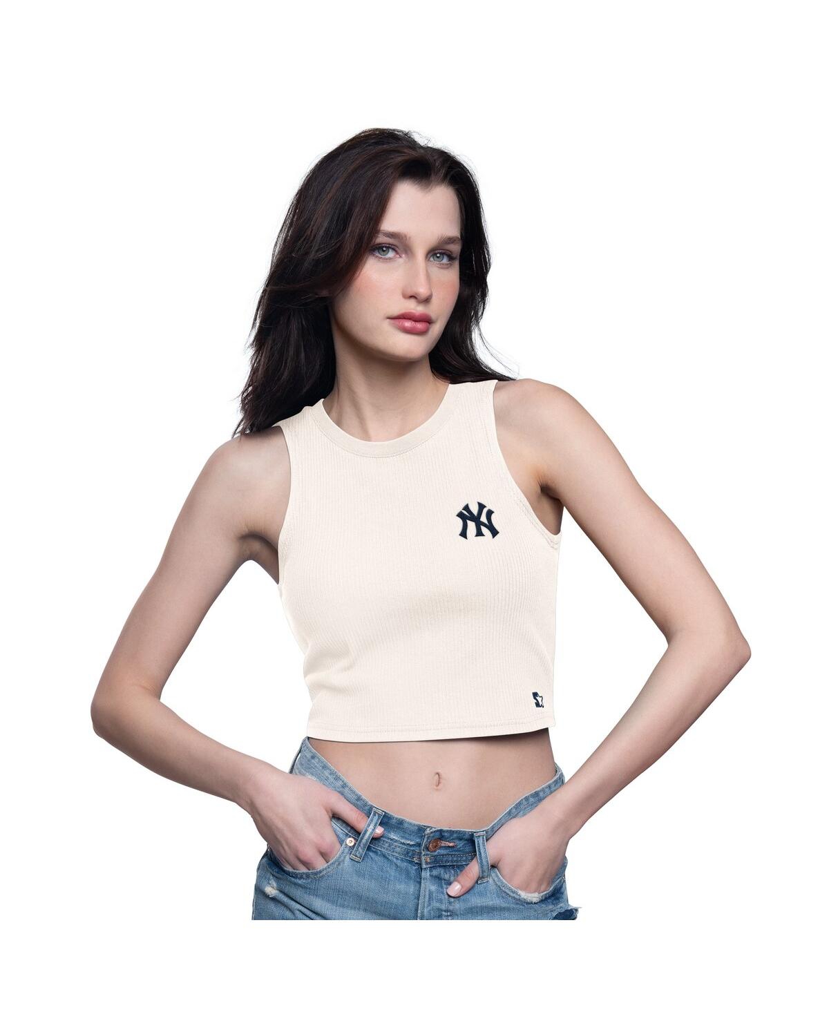 Women's Cream New York Yankees Vintage Logo Show Up Cropped Tank Top - Cream