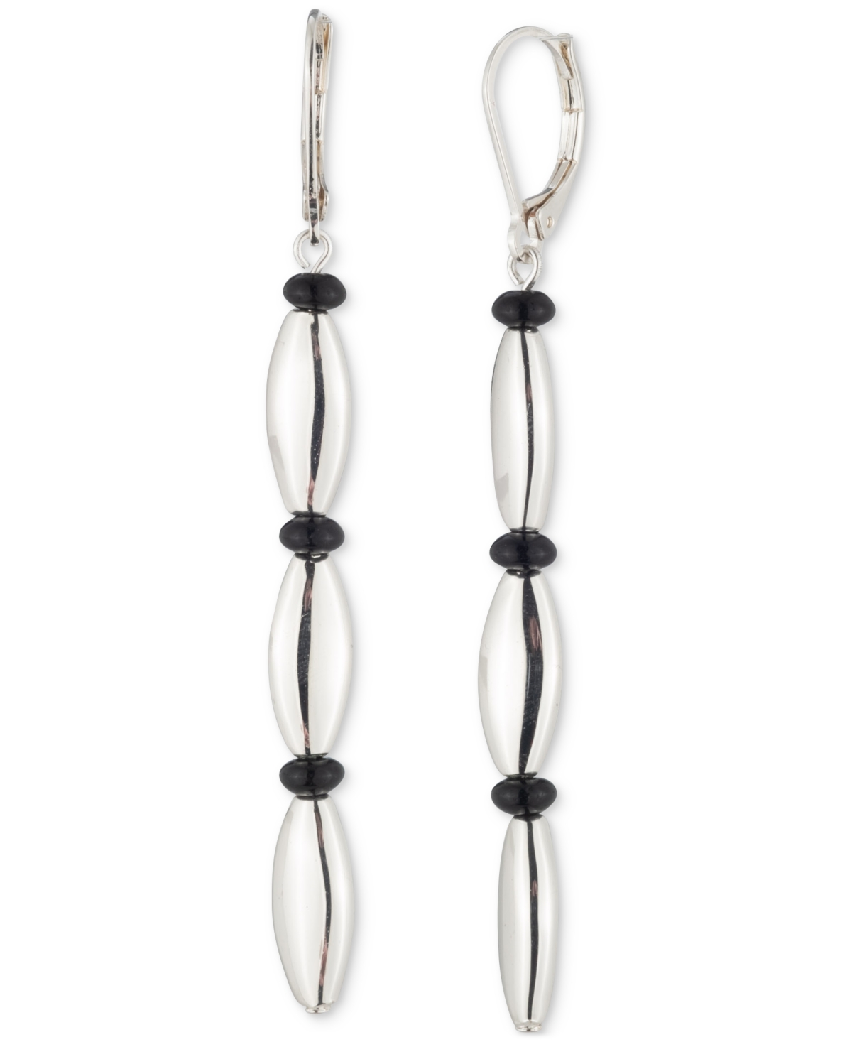 Silver-Tone Black Bead Linear Drop Earrings - Black