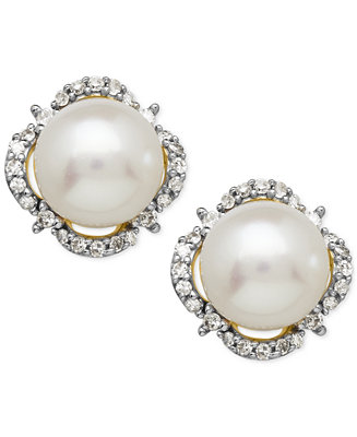 Honora Cultured Freshwater Pearl (7mm) & Diamond (1/6 ct. t.w.) Halo Stud  Earrings in 14k Gold & Reviews - Earrings - Jewelry & Watches - Macy's