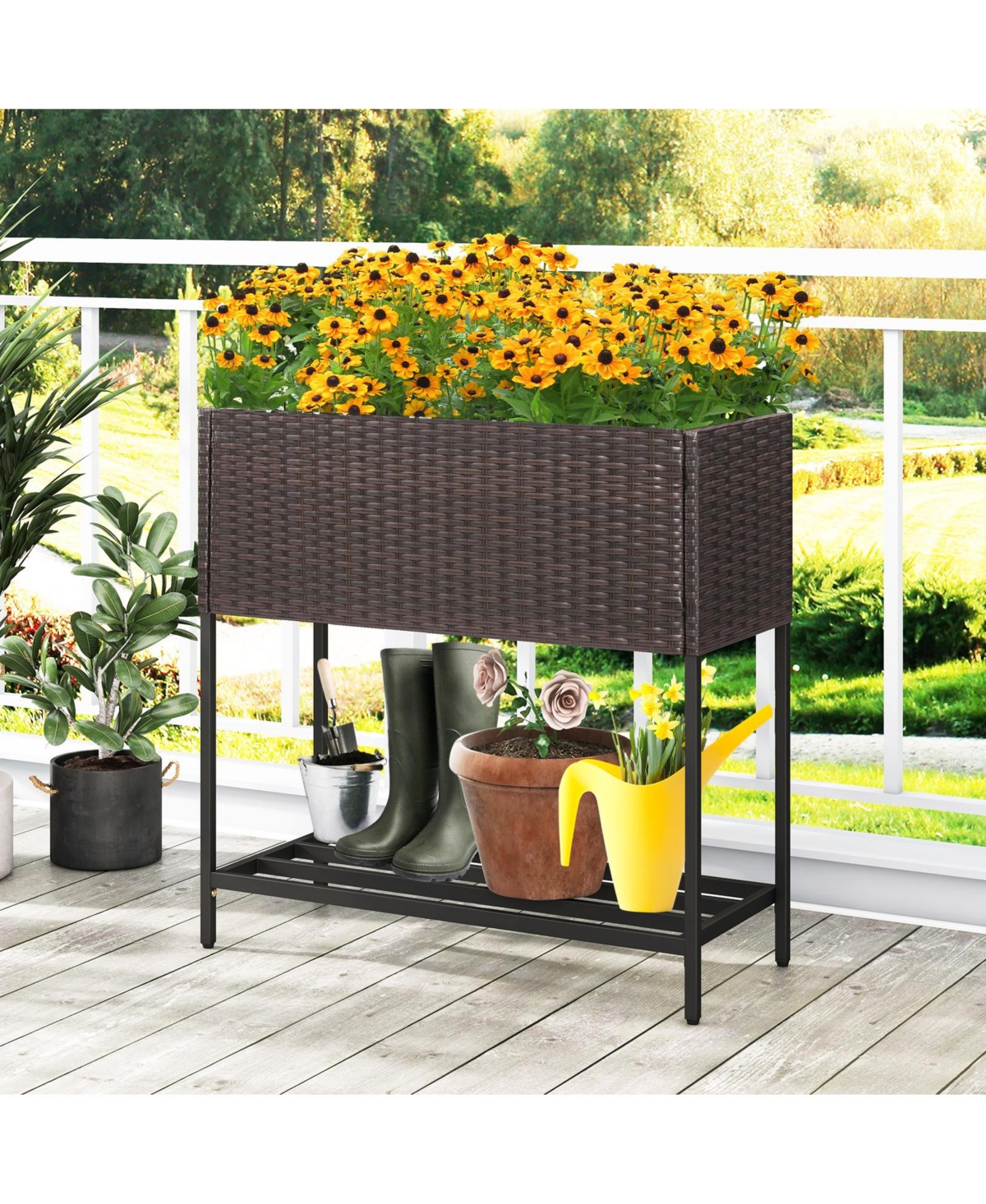 Wicker Raised Garden Bed with Storage Shelf and Removable Liner for Flowers