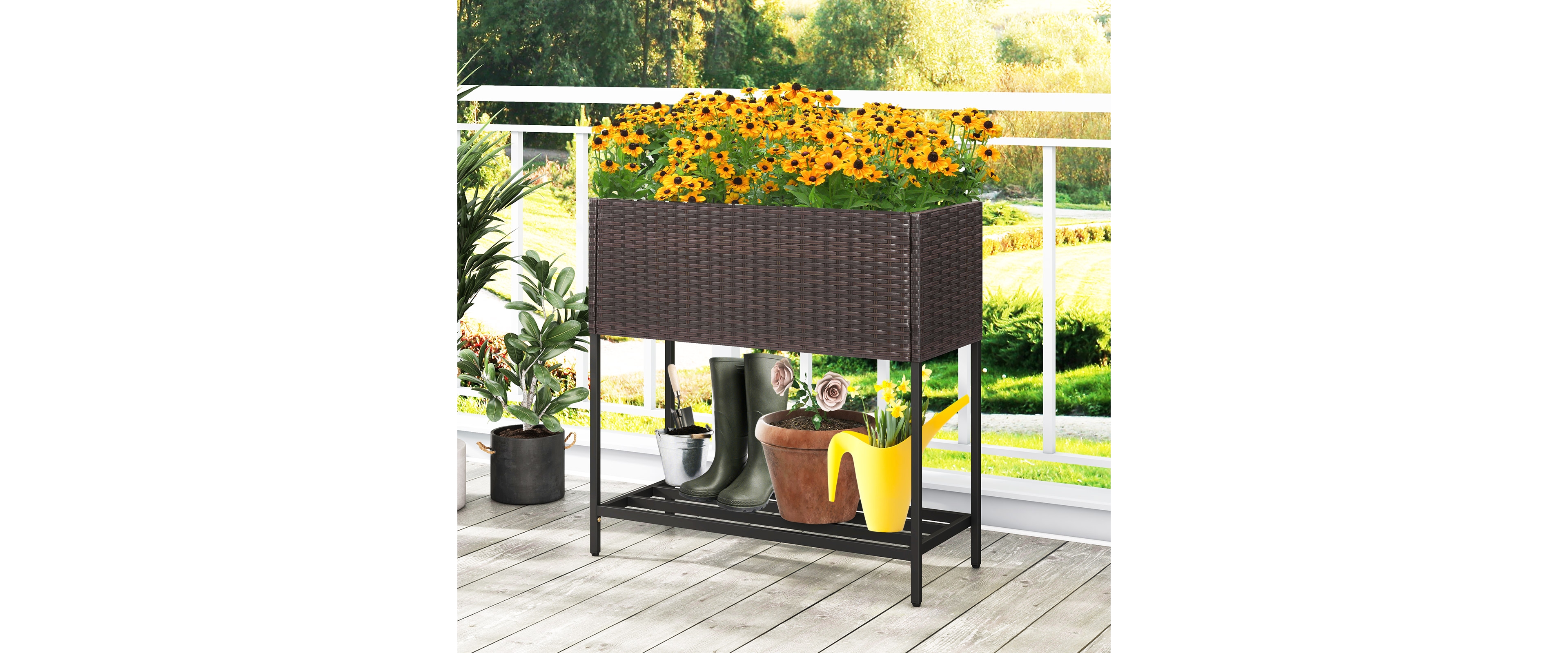 Wicker Raised Garden Bed with Storage Shelf and Removable Liner for Flowers