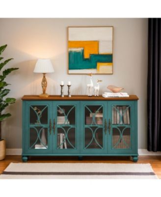 European Antique 4-Door Cabinet with Glass Doors for Living Space, Dark Green
