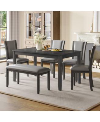 6-Piece Modern Dining Table Set with Bench and Faux Leather Chairs