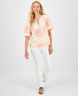 Women's Printed Bubble-Sleeve V-Neck Blouse, Exclusively at Macy's
