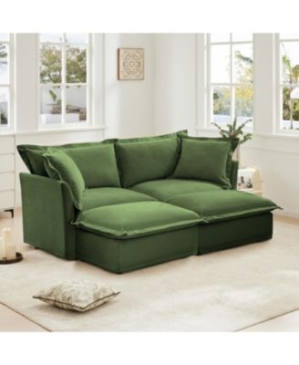 Green Chenille 2-Seater Sofa with Ottomans & Sleeper