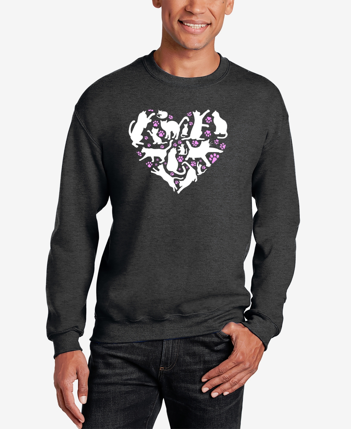 La Pop Art Men's Cat Heart Word Art Crewneck Sweatshirt