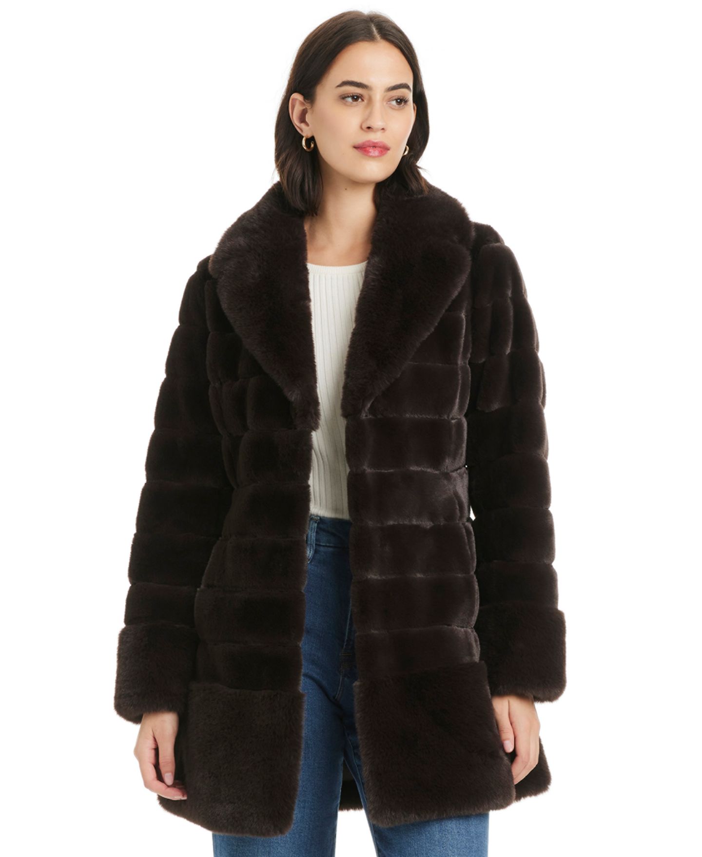 Женское пальто Jones New York Faux-Fur Notched-Collar, цвет: Тёмный коричневый — фото 3