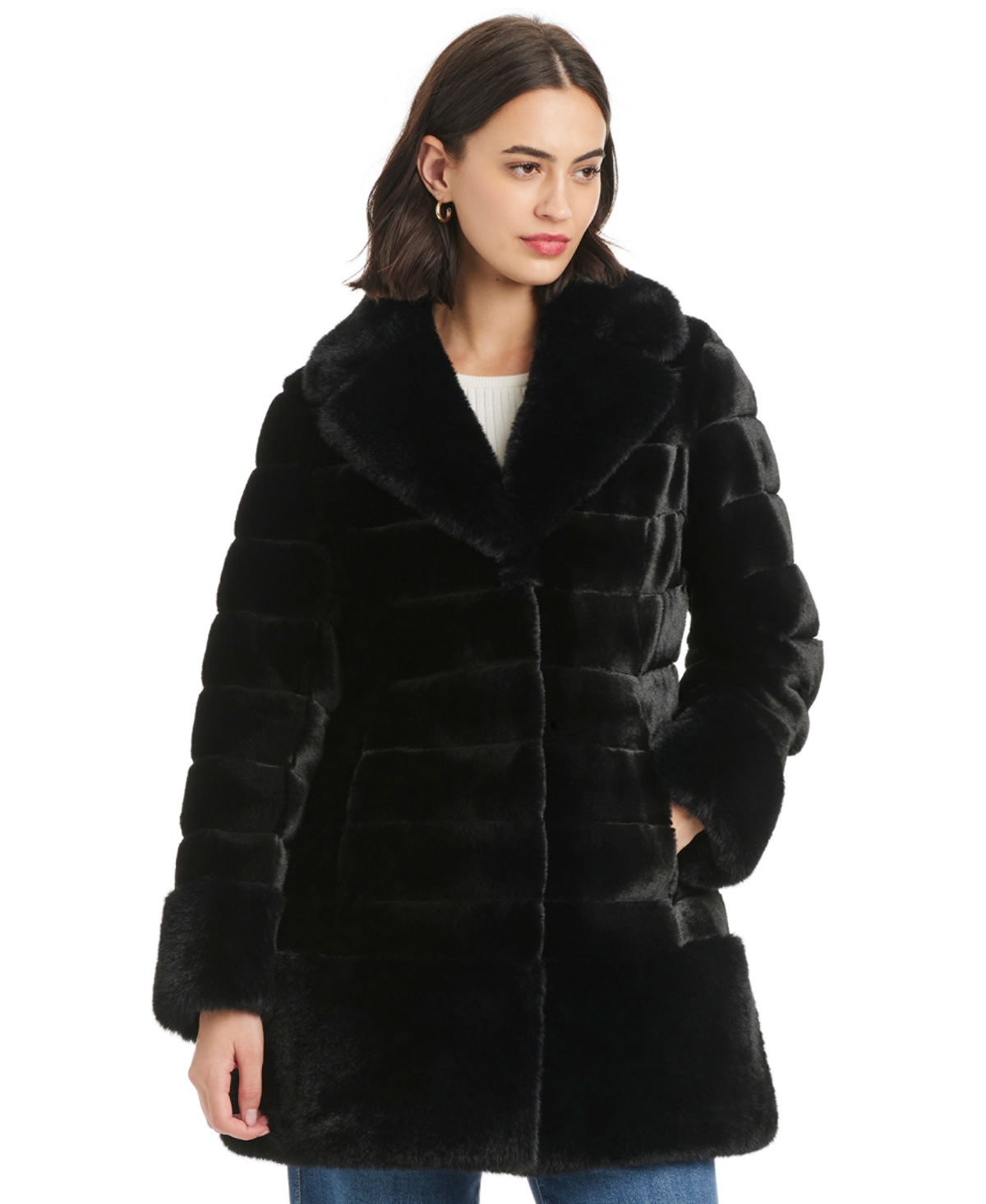 Jones New York Women's Faux-fur Notched-collar Coat In Black