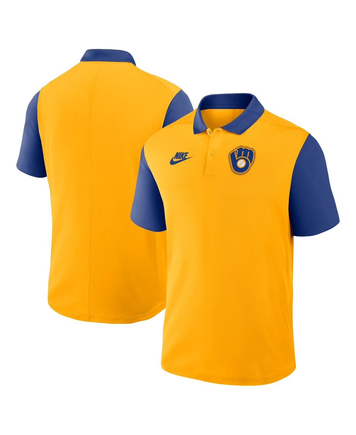 Nike Men's Gold/navy Milwaukee Brewers Cooperstown Collection Color-block Victory Performance Polo Shirt