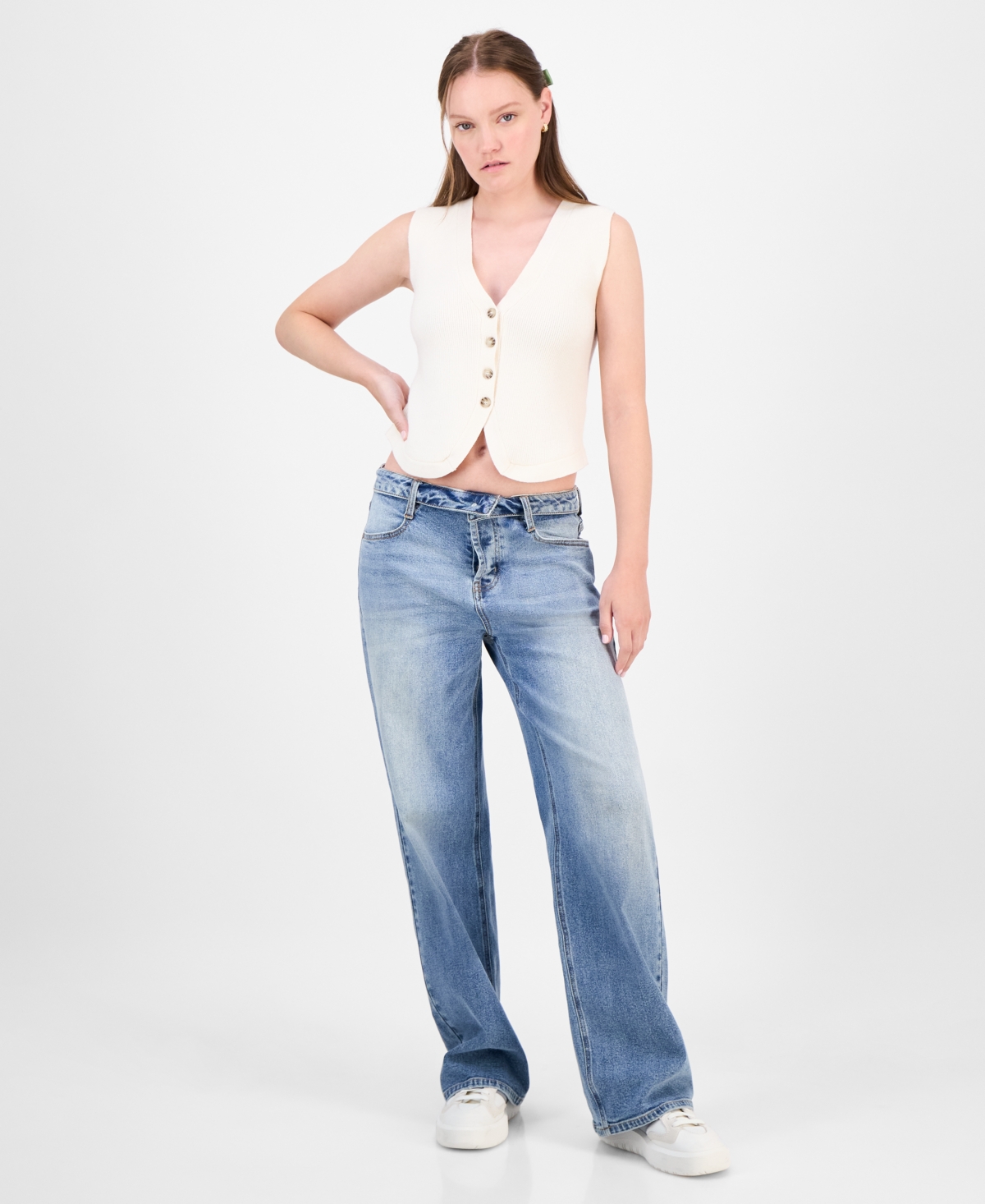Juniors' Slouchy Wide-Leg Foldover-Waist Jeans - Pampa