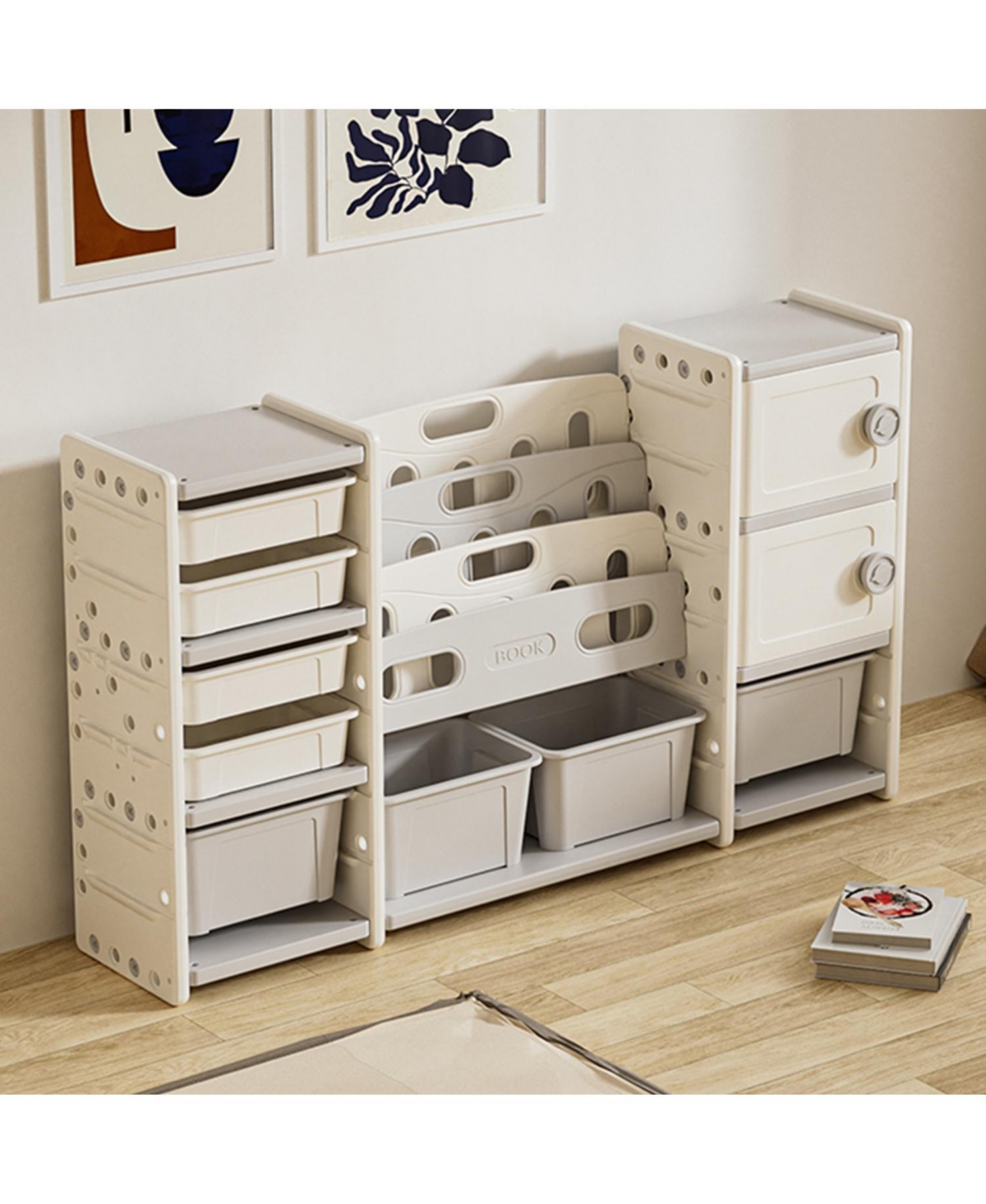 Streamdale Furniture Kids Storage Organizer 8 Bins, 4-Tier Bookcase, 2 Cabinets