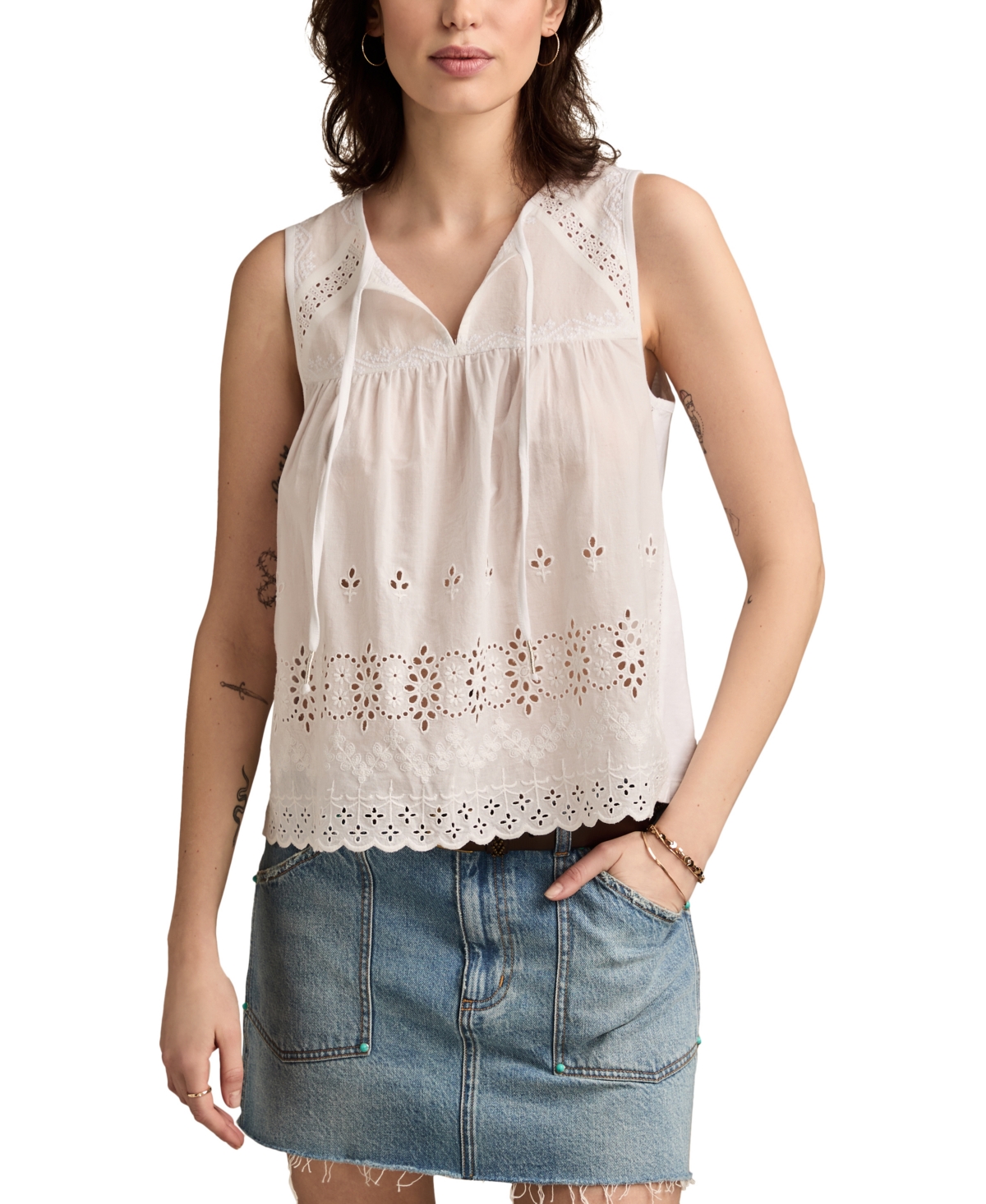 Women's Embroidered Cotton Tie-Neck Top - Whisper White