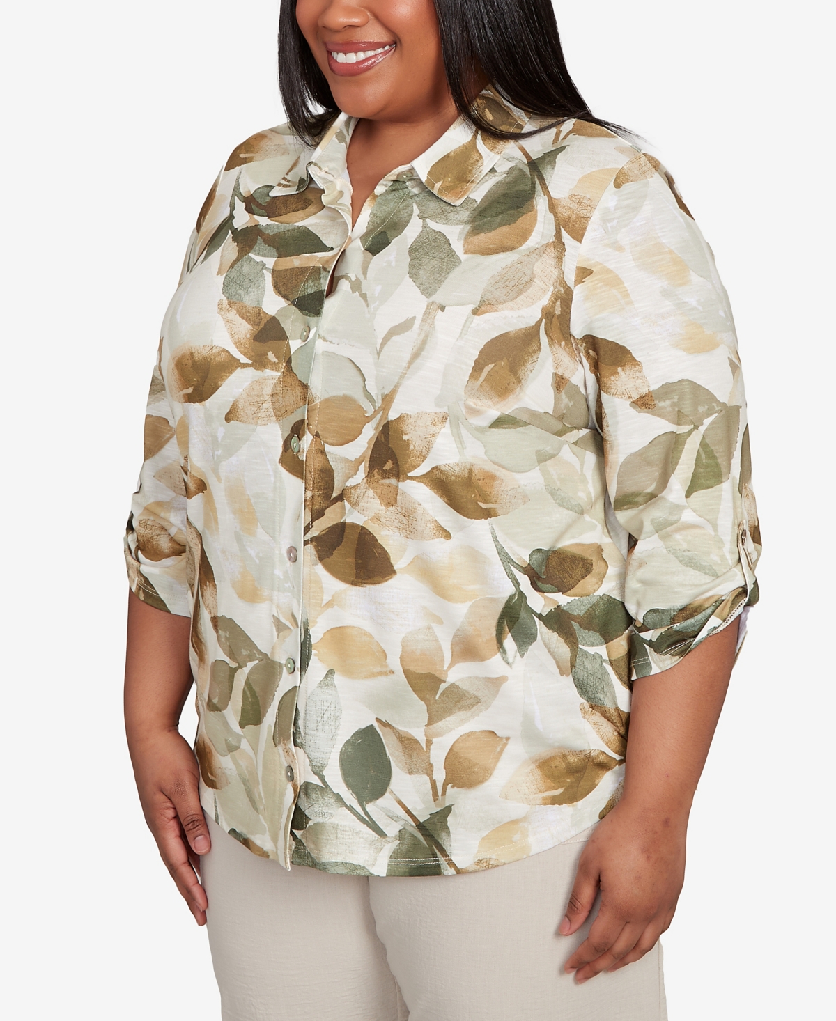 Alfred Dunner Petite Copper Canyon Knit Leaf Button Front Collared Top