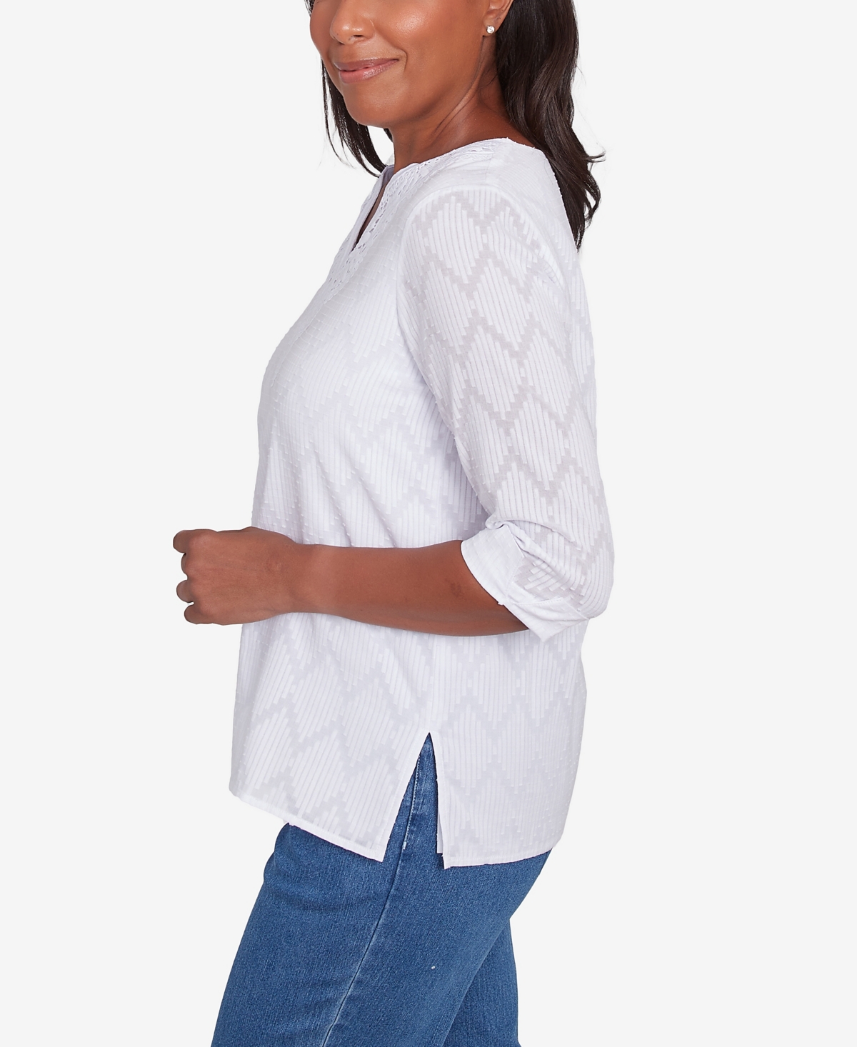 Alfred Dunner Plus Size Textured Split Neck Top