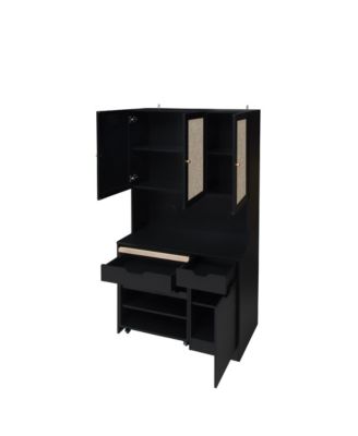 Streamdale Black Kitchen Pantry Cabinet w/ Rattan Doors & Microwave Stand