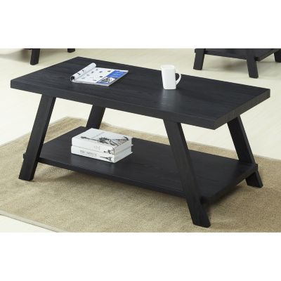 Contemporary Replicated Wood Shelf Coffee Set Table in Black Finish