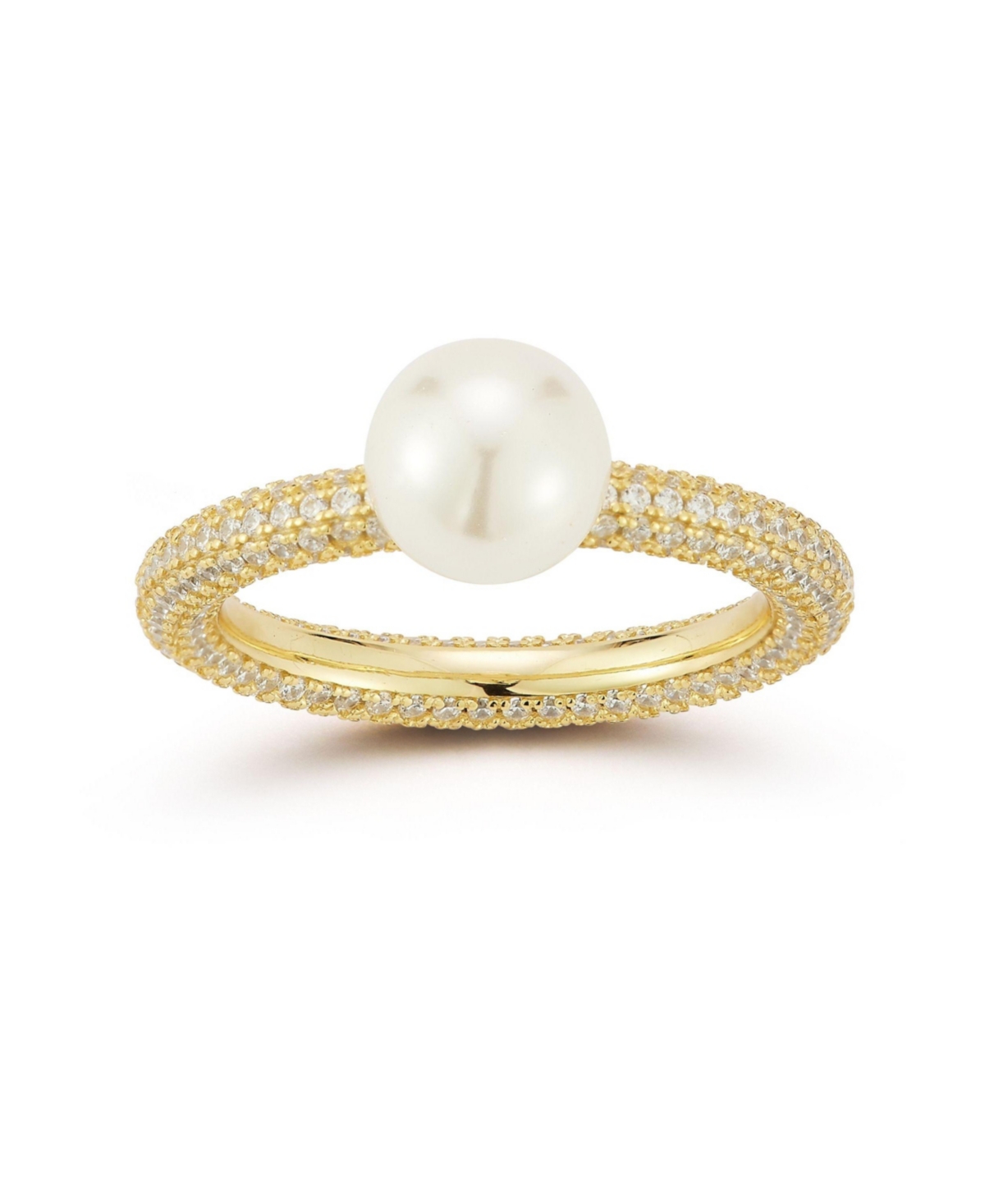 14K Gold Plated Sterling Silver Pearl Pave Band Ring - Gold