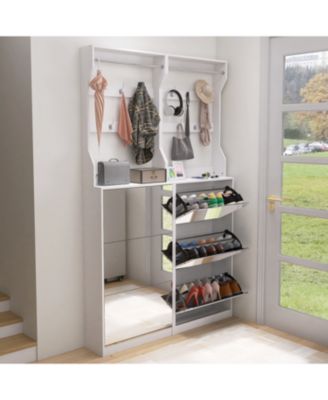 Mirror Shoe Cabinet: Flip-Tier Drawers, Hooks & Organizer