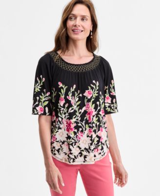 JM Collection - Women's Flowing Printed Scoop-Neck Top, Exclusively at Macy's
